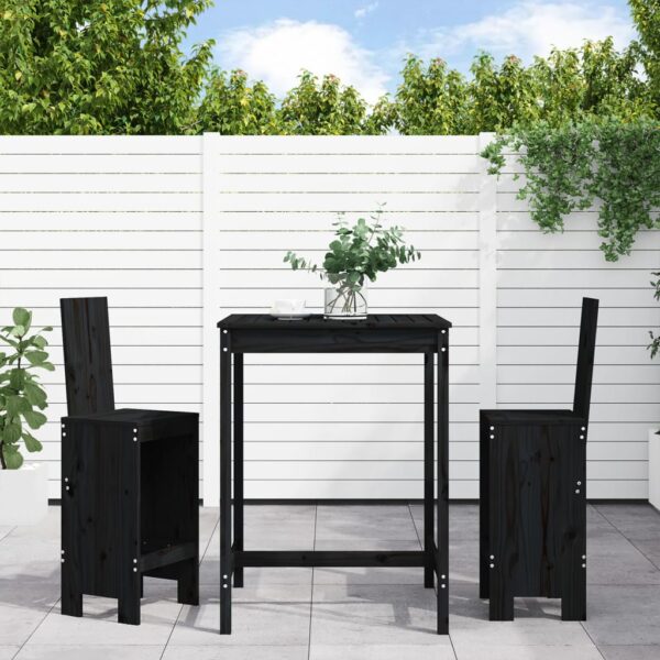 3 Piece Garden Bar Set in Black Solid Pine Wood  Sturdy Top  Comfortable Seating  Ideal for Patio  Balcony  Backyard