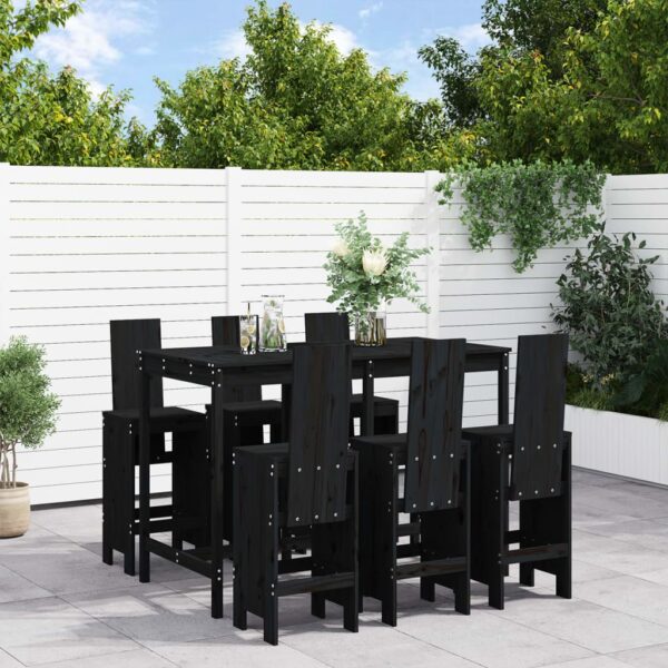 7 Piece Garden Bar Set Black Solid Wood Pine