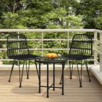 Three Piece Outdoor Dining Set in Black Poly Rattan with Steel Frame and Tempered Glass Tabletop