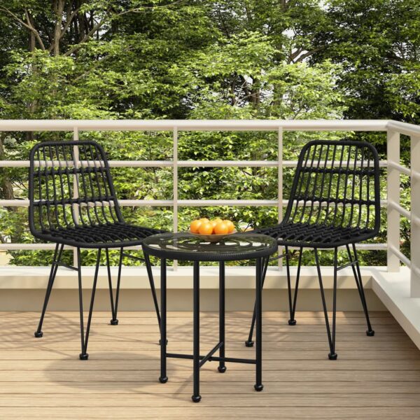 Three Piece Outdoor Dining Set in Black Poly Rattan with Steel Frame and Tempered Glass Tabletop