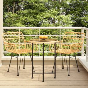 Three Piece Outdoor Dining Set in Durable Poly Rattan with Steel Frame and Tempered Glass Tabletop