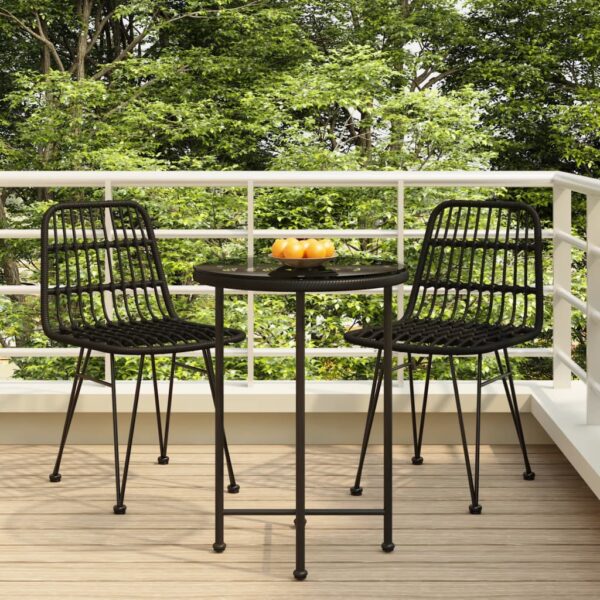 Three Piece Outdoor Dining Set in Black Poly Rattan with Steel Frame and Tempered Glass Tabletop