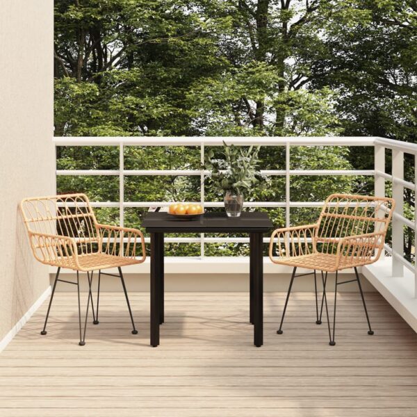 Three Piece Outdoor Dining Set in Poly Rattan with Tempered Glass Table and Comfortable Chairs