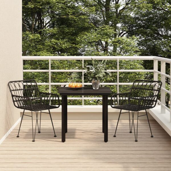 Three Piece Outdoor Dining Set in Black Poly Rattan with Tempered Glass Tabletop and Comfortable Seating