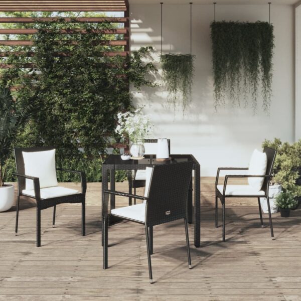 5 Piece Garden Dining Set with Cushions Black Poly Rattan