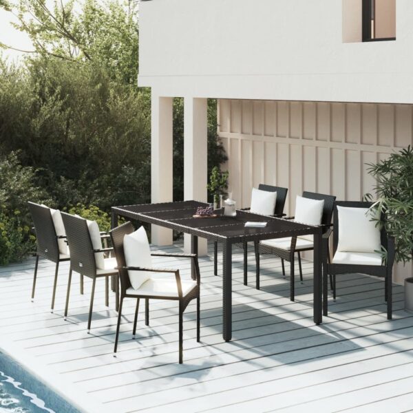 7 Piece Garden Dining Set with Cushions Black Poly Rattan