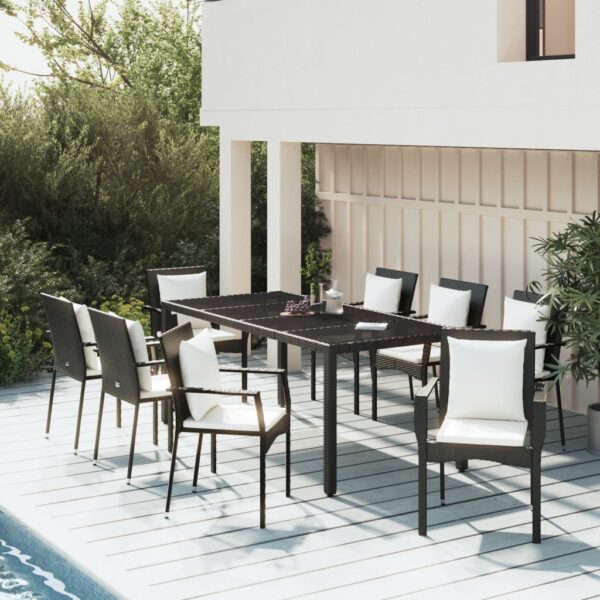 9 Piece Garden Dining Set with Cushions Black Poly Rattan