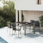 5 Piece Garden Dining Set with Cushions Grey Poly Rattan