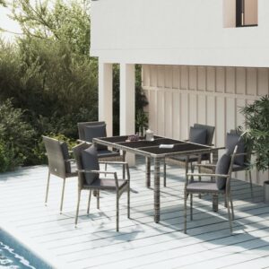 7 Piece Garden Dining Set with Cushions Grey Poly Rattan