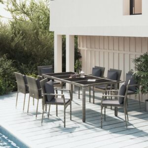 9 Piece Garden Dining Set with Cushions Grey Poly Rattan