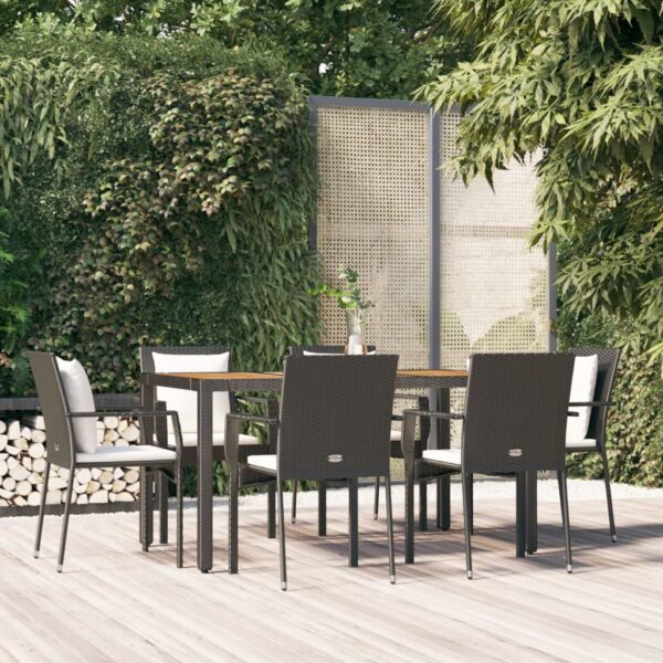 7 Piece Garden Dining Set with Cushions Black Poly Rattan