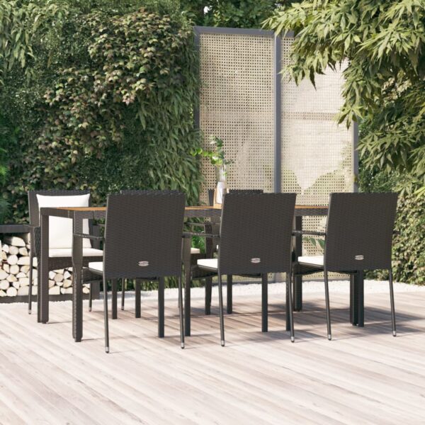 7 Piece Garden Dining Set with Cushions Black Poly Rattan