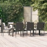 9 Piece Garden Dining Set with Cushions Black Poly Rattan