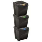 Stackable Garbage Bin Boxes Set of Three in Anthracite  Polypropylene  Waste Separation Labels