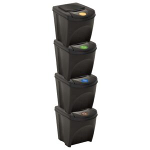 Stackable Garbage Bin Boxes Set of Four in Anthracite  Polypropylene  Waste Separation Labels