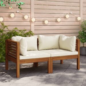 Solid Acacia Wood Corner Sofas Set with Cream White Cushions  Outdoor Sectional Lounge