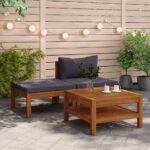 3 Piece Acacia Wood Garden Lounge Set with Dark Grey Cushions - Weather Resistant  Easy to Clean