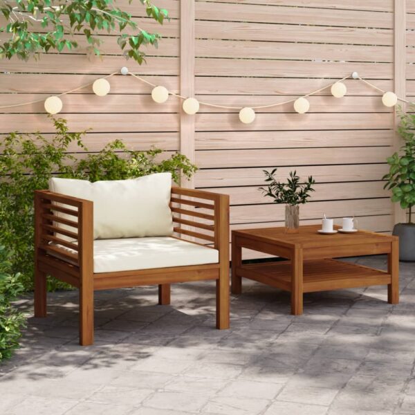 Acacia Wood Garden Sofa Set with Cream White Cushions  Outdoor Year-Round Use  Sturdy and Durable