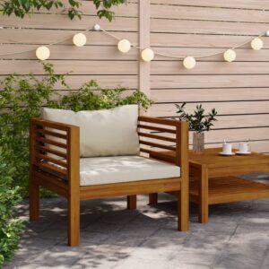 Solid Acacia Wood Garden Chair with Cream White Cushions  Weather Resistant  Easy Assembly