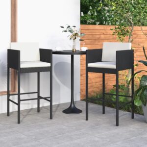 Set of Two Black Poly Rattan Bar Stools with Cushions - Weather Resistant and Easy to Clean