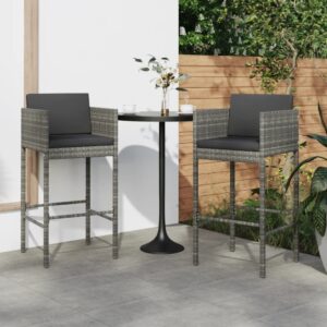 Set of 2 Grey Poly Rattan Bar Stools with Cushions - Weather Resistant  Lightweight  and Easy to Clean