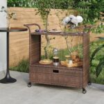 Spacious Brown Bar Cart with Drawer  Poly Rattan Material  Weather-Resistant  Easy to Move