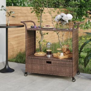 Spacious Brown Bar Cart with Drawer  Poly Rattan Material  Weather-Resistant  Easy to Move