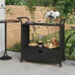 Spacious Black Bar Cart with Drawer  Poly Rattan Material  Weather-Resistant  Easy to Move  Lock Function