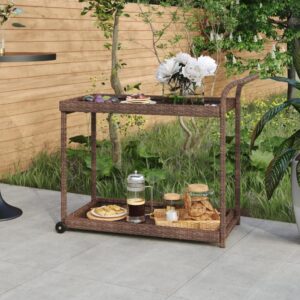 Spacious Brown Poly Rattan Bar Cart with Castors for Indoor and Outdoor Use