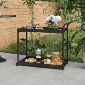 Black Poly Rattan Bar Cart with Wheels - Spacious  Weather-Resistant  Easy to Move  Ideal for Kitchen  Living Room  Patio