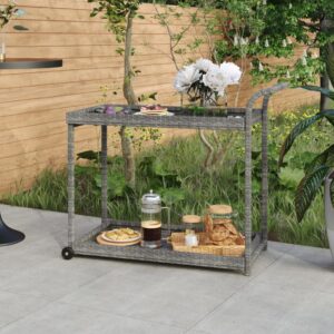 Grey Poly Rattan Bar Cart with Wheels - Spacious  Weather-Resistant  Easy to Move  Versatile Design