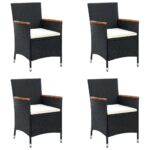 Set of Four Black Poly Rattan Garden Dining Chairs with Acacia Wood Armrests and Cushions