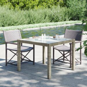 Stylish Grey Garden Table with Tempered Glass Top and Poly Rattan - Perfect for Patio or Outdoor Spaces