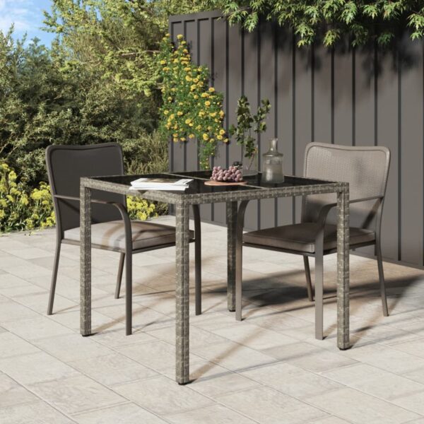 Stylish Grey Poly Rattan Garden Table with Tempered Glass Top - Outdoor Patio Furniture