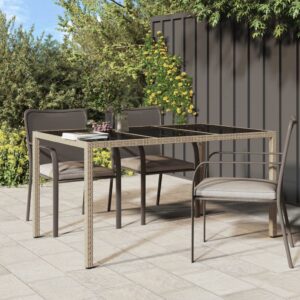 Beige Poly Rattan Garden Table with Tempered Glass Top - Outdoor Patio Furniture