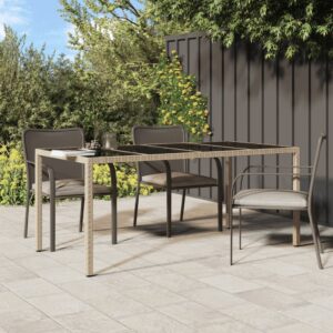 Stylish Beige Garden Table with Tempered Glass Top and Poly Rattan Frame - Outdoor Patio Furniture