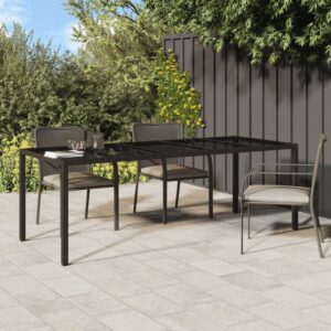 Stylish Brown Garden Table  Tempered Glass Top  Poly Rattan  Powder-Coated Steel Frame  Large Size