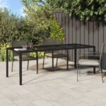 Stylish Black Garden Table with Tempered Glass Top and Poly Rattan - Outdoor Patio Furniture