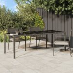 Stylish Grey Garden Table with Tempered Glass Top and Poly Rattan - Ideal for Patio or Outdoor Living Space