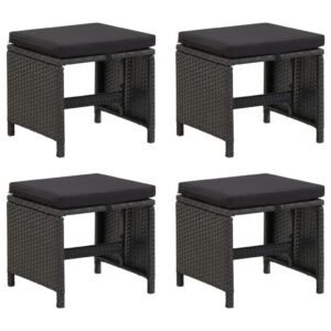 Set of 4 Black Garden Stools with Cushions  Weather-Resistant PE Rattan  Outdoor Patio Furniture