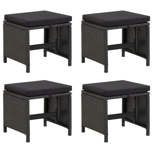 Set of 4 Black Garden Stools with Cushions  Weather-Resistant PE Rattan  Outdoor Patio Furniture