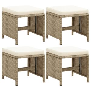 Set of 4 Beige Garden Stools with Cushions  Weather-Resistant PE Rattan  Outdoor Patio Furniture