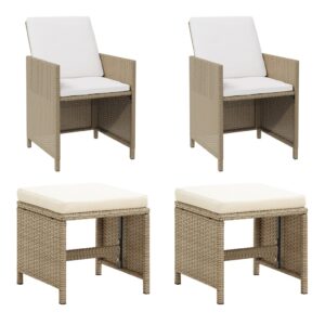 Beige Poly Rattan Garden Chairs and Stools Set  Weather-Resistant Outdoor Furniture with Cushions