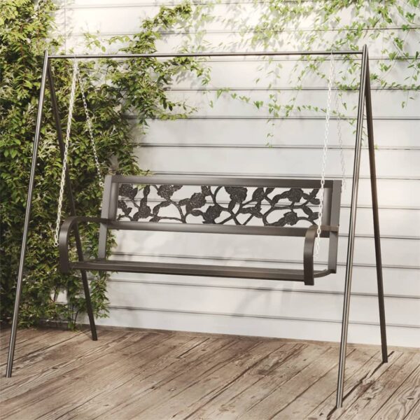 Black Garden Swing Bench  125 cm  Durable Steel and Plastic  Weather-Resistant  Outdoor Patio Furniture