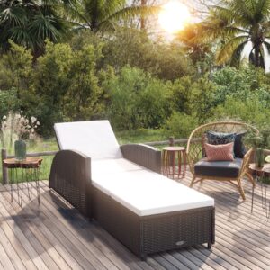 Stylish Black Poly Rattan Sun Lounger with Cream White Cushion  Adjustable Backrest  Outdoor Use