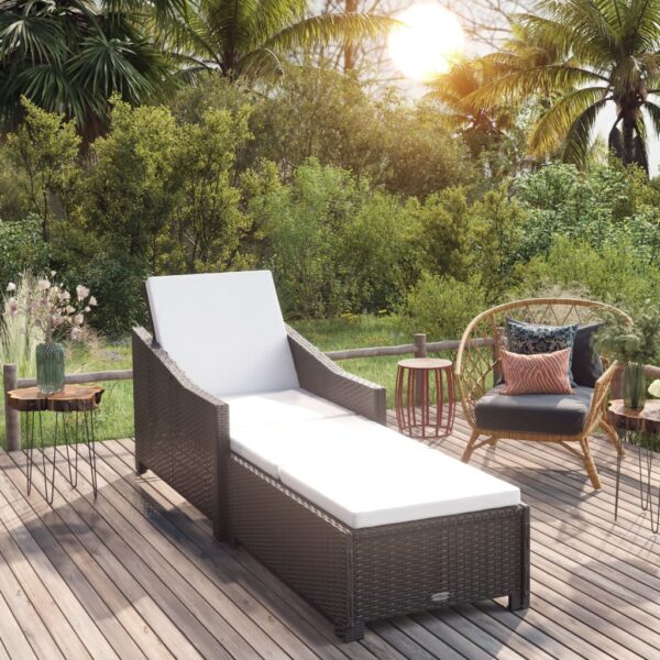 Stylish Black Poly Rattan Sun Lounger with Cream White Cushion  Adjustable Backrest  Slide Armrests