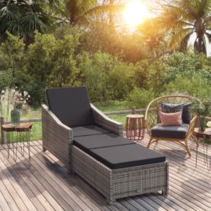 Adjustable Sun Lounger with Dark Grey Cushion  Weather Resistant Poly Rattan in Grey