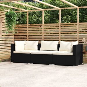 Stylish Black Poly Rattan 3-Seater Sofa with Cushions for Indoor and Outdoor Use