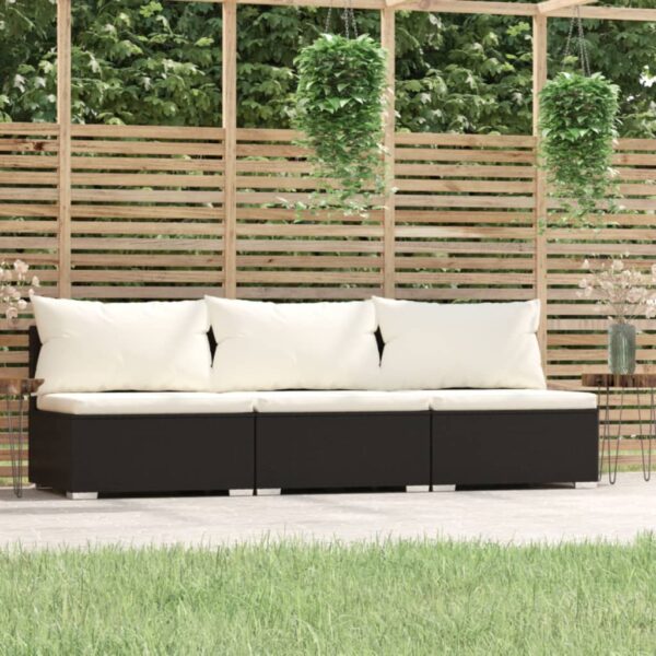 Stylish Black Poly Rattan 3-Seater Sofa with Cream Cushions for Indoor and Outdoor Use