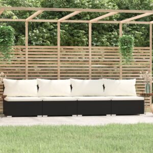 Stylish Black Poly Rattan 4-Seater Sofa with Cream Cushions for Indoor and Outdoor Use